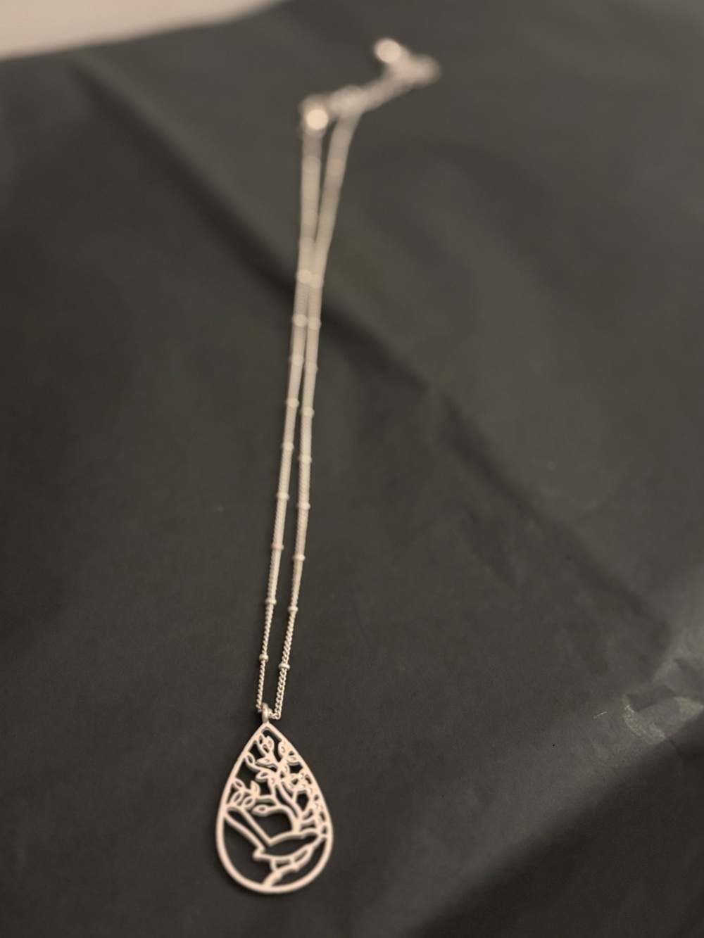 Delicate Silver Teardrop Necklace with Floral Cutout - Women Jewelry